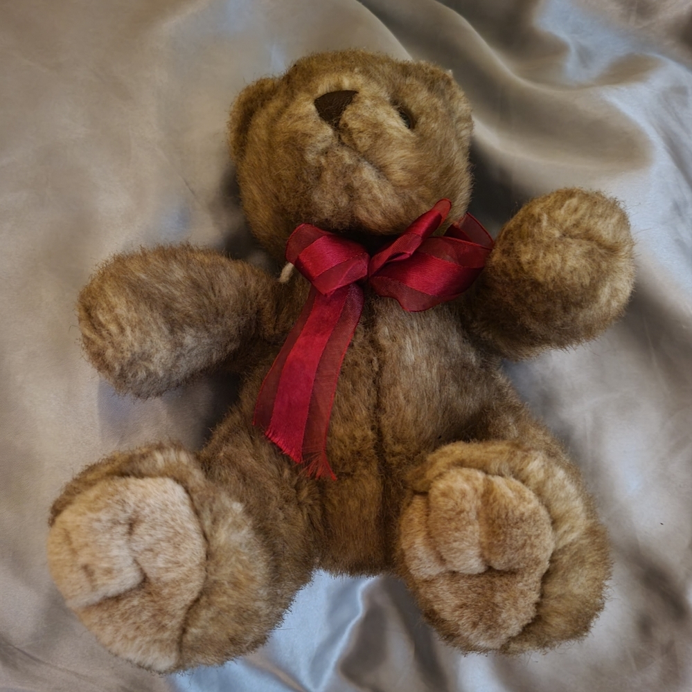 Vintage Brown Teddy Bear Plush with Red Christmas Bow
